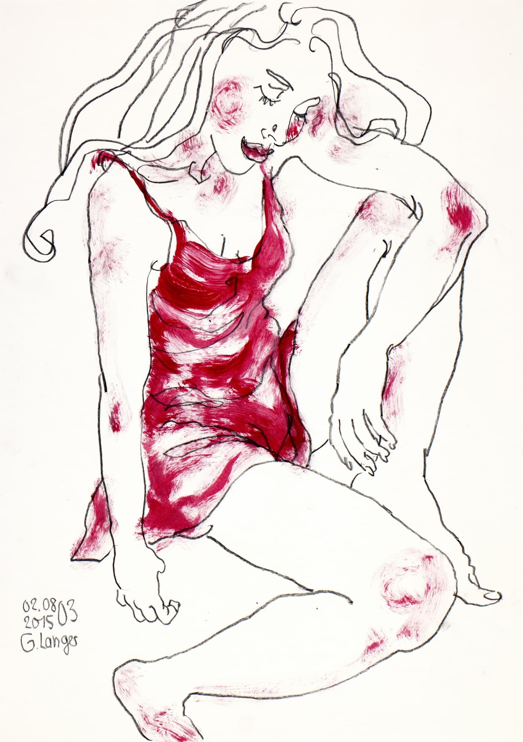 Gunter Langer, sitzende Frau im roten Kleid, Im roten Kleid, 2015, Algraphie (Druckgrafik), Büttenpapier, 52 x 38 cm